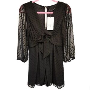 NEW Zara Black Swiss Dot Romper Sheer Sleeves V Neck Bow Accent Dotted Small